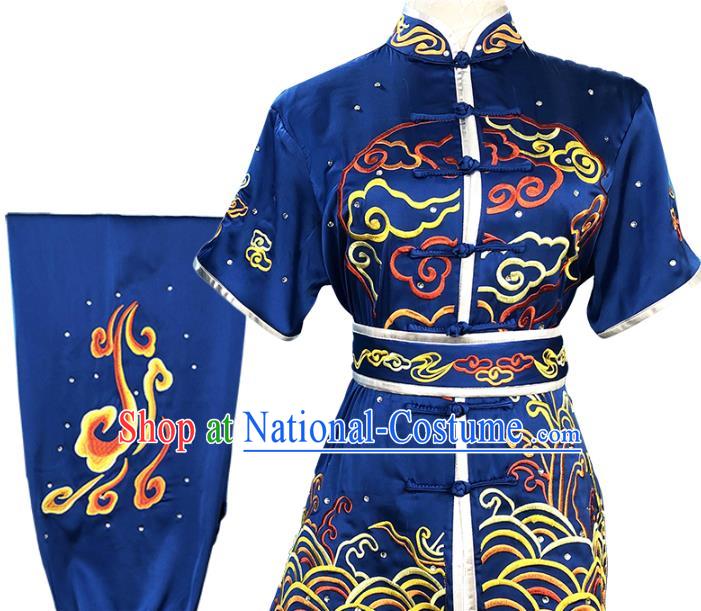 Top Chinese Wushu Performance Clothing Southern Boxing Embroidered Dragon Outfits Martial Arts Kung Fu Competition Blue Garment Costumes