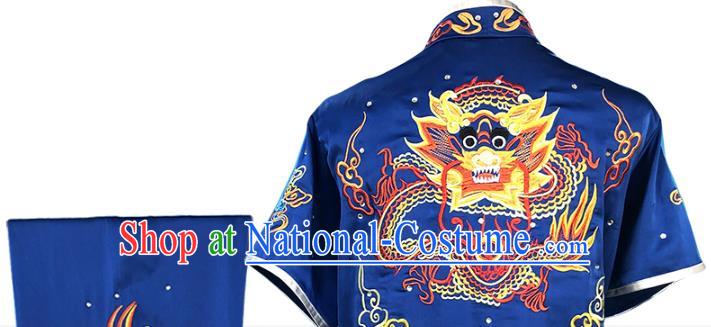 Top Chinese Wushu Performance Clothing Southern Boxing Embroidered Dragon Outfits Martial Arts Kung Fu Competition Blue Garment Costumes