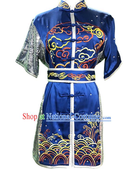 Top Chinese Wushu Performance Clothing Southern Boxing Embroidered Dragon Outfits Martial Arts Kung Fu Competition Blue Garment Costumes