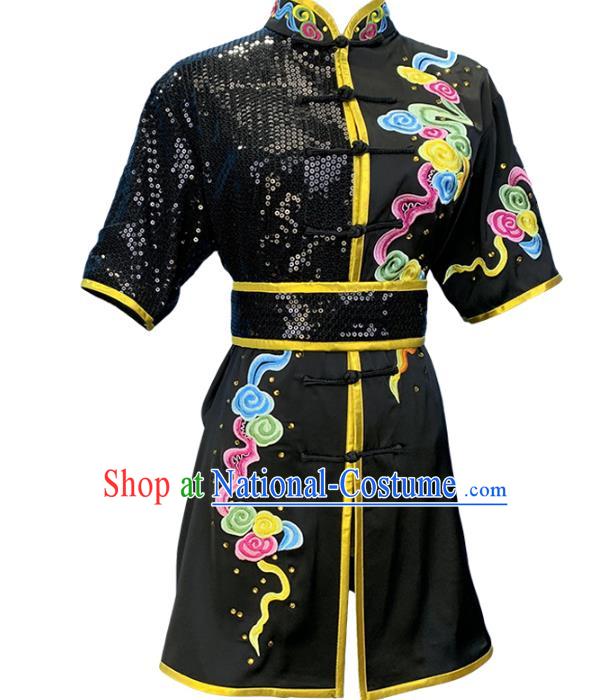 Top Chinese Martial Arts Kung Fu Competition Black Garment Costumes Wushu Performance Clothing Southern Boxing Embroidered Tiger Outfits