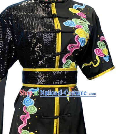 Top Chinese Martial Arts Kung Fu Competition Black Garment Costumes Wushu Performance Clothing Southern Boxing Embroidered Tiger Outfits