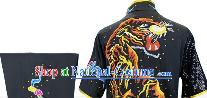 Top Chinese Martial Arts Kung Fu Competition Black Garment Costumes Wushu Performance Clothing Southern Boxing Embroidered Tiger Outfits