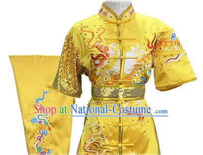 Top Chinese Southern Boxing Embroidered Dragon Yellow Outfits Martial Arts Kung Fu Competition Garment Costumes Wushu Performance Clothing