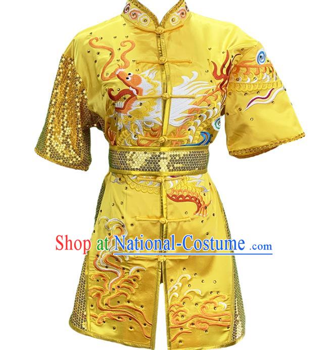 Top Chinese Southern Boxing Embroidered Dragon Yellow Outfits Martial Arts Kung Fu Competition Garment Costumes Wushu Performance Clothing