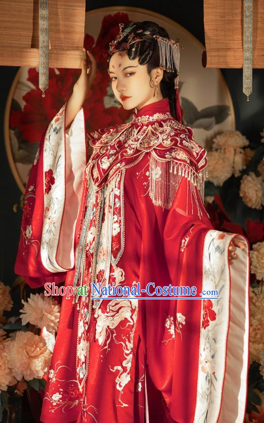 China Ancient Court Woman Embroidered Red Hanfu Dress Traditional Wedding Garments Ming Dynasty Imperial Concubine Historical Clothing