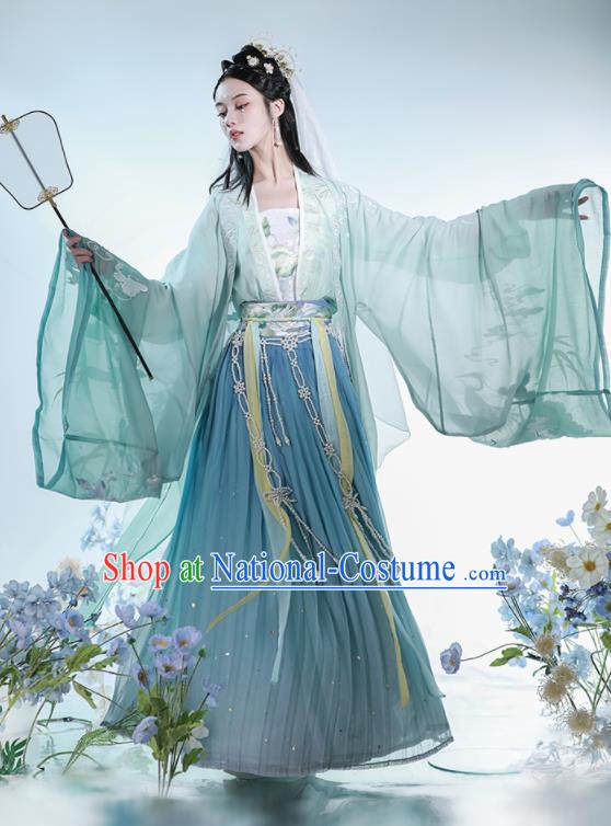 China Tang Dynasty Palace Princess Historical Clothing Ancient Court Lady Embroidered Green Dress Traditional Hanfu Garments