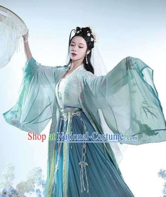 China Tang Dynasty Palace Princess Historical Clothing Ancient Court Lady Embroidered Green Dress Traditional Hanfu Garments