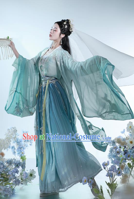 China Tang Dynasty Palace Princess Historical Clothing Ancient Court Lady Embroidered Green Dress Traditional Hanfu Garments