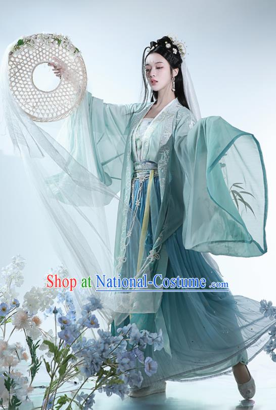 China Tang Dynasty Palace Princess Historical Clothing Ancient Court Lady Embroidered Green Dress Traditional Hanfu Garments