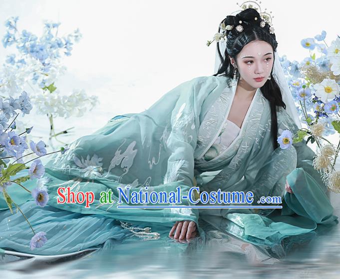 China Tang Dynasty Palace Princess Historical Clothing Ancient Court Lady Embroidered Green Dress Traditional Hanfu Garments