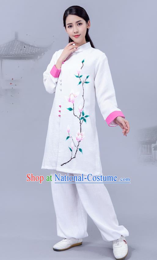 Chinese Martial Arts Tai Ji Training Garments Shadowboxing Competition White Outfits Woman Tai Chi Chuan Painting Mangnolia Clothing