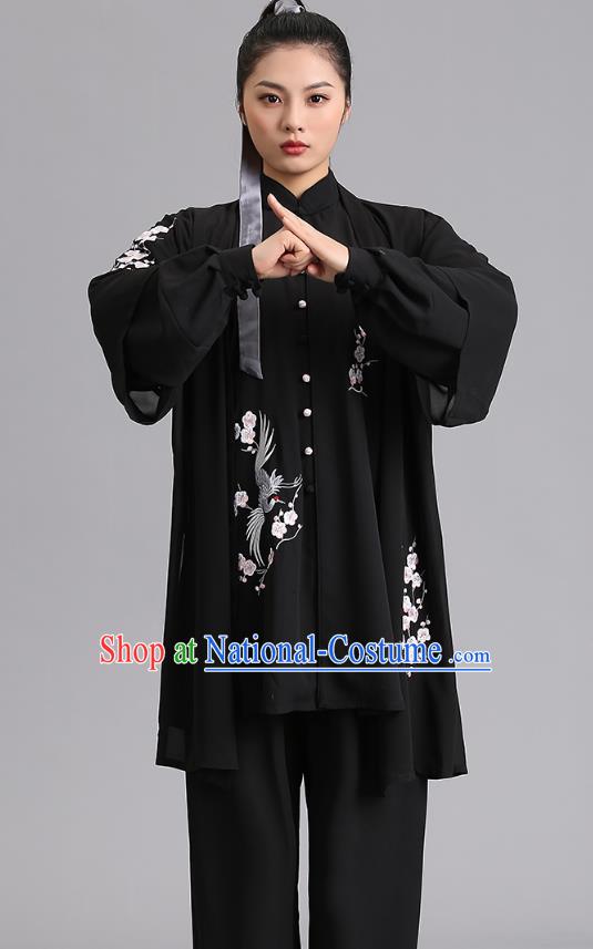 Chinese Martial Arts Printing Plum Garments Tai Ji Group Competition Black Outfits Woman Tai Chi Training Clothing