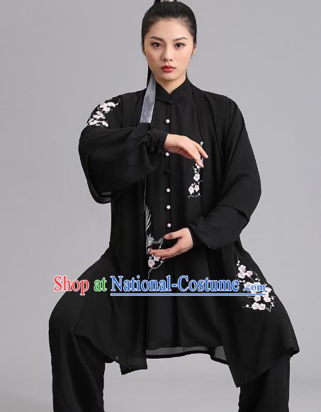 Chinese Martial Arts Printing Plum Garments Tai Ji Group Competition Black Outfits Woman Tai Chi Training Clothing