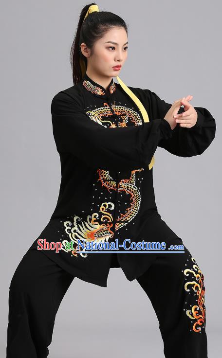 Chinese Tai Ji Competition Black Outfits Kung Fu Tai Chi Training Clothing Martial Arts Embroidered Dragon Garments