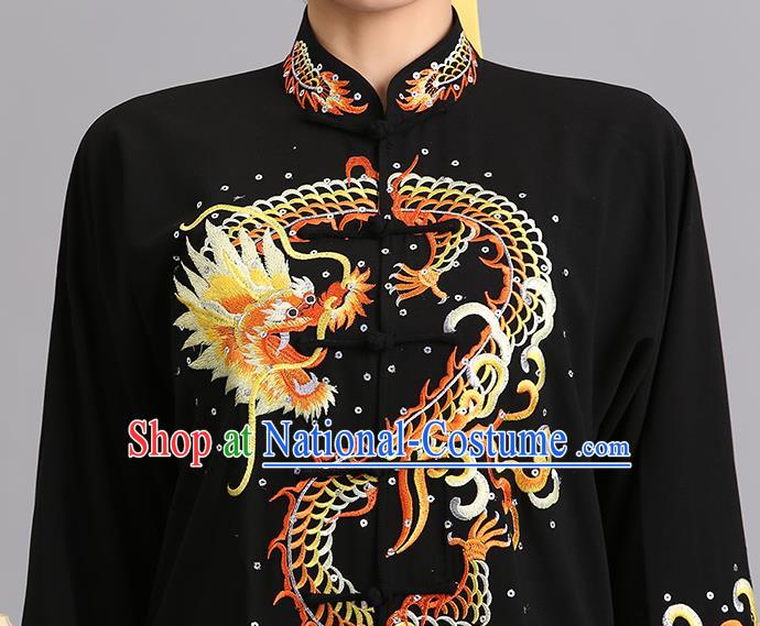 Chinese Tai Ji Competition Black Outfits Kung Fu Tai Chi Training Clothing Martial Arts Embroidered Dragon Garments