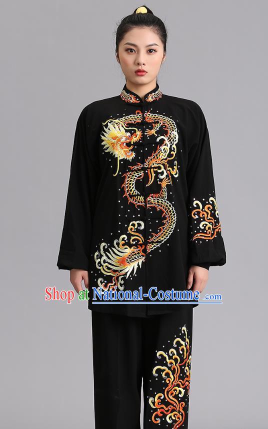 Chinese Tai Ji Competition Black Outfits Kung Fu Tai Chi Training Clothing Martial Arts Embroidered Dragon Garments