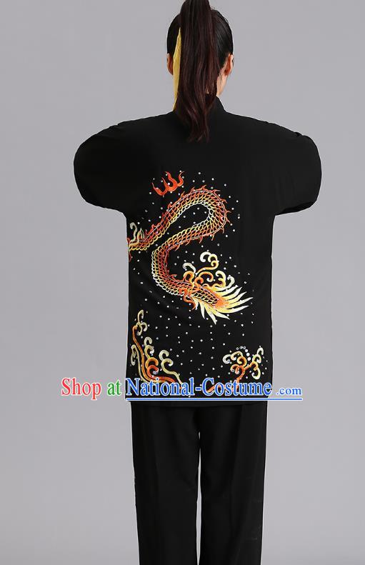 Chinese Tai Ji Competition Black Outfits Kung Fu Tai Chi Training Clothing Martial Arts Embroidered Dragon Garments