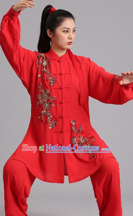 Chinese Martial Arts Embroidered Sequins Red Garments Tai Ji Competition Outfits Kung Fu Tai Chi Training Clothing