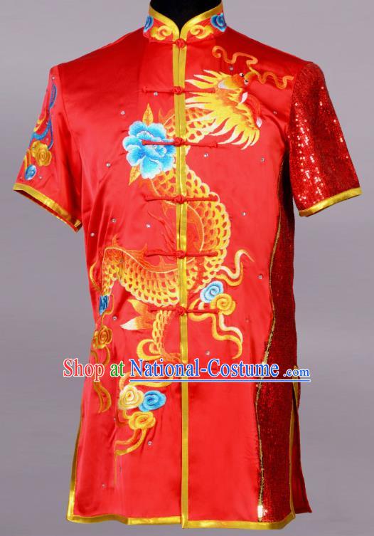 Top China Martial Arts Competition Clothing Kung Fu Embroidered Apparels Cudgel Play Performance Garment Costumes Southern Boxing Red Uniforms