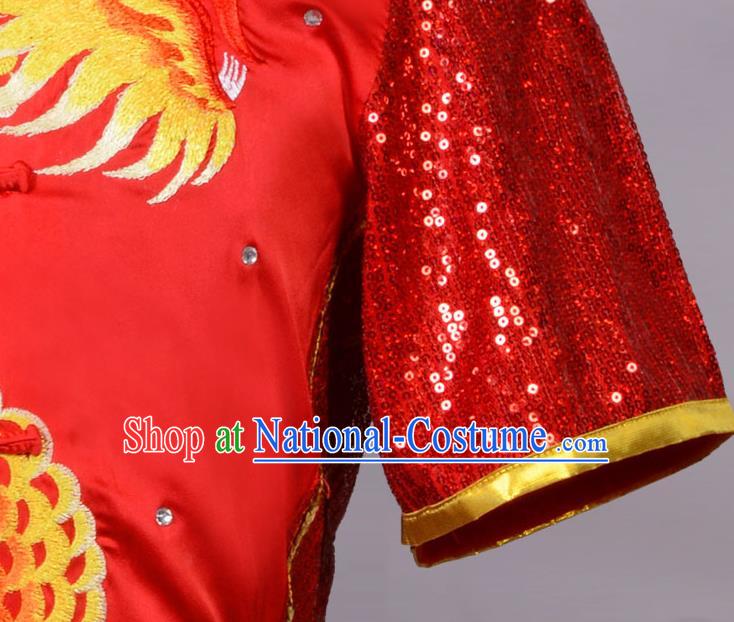 Top China Martial Arts Competition Clothing Kung Fu Embroidered Apparels Cudgel Play Performance Garment Costumes Southern Boxing Red Uniforms