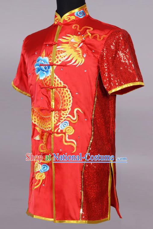 Top China Martial Arts Competition Clothing Kung Fu Embroidered Apparels Cudgel Play Performance Garment Costumes Southern Boxing Red Uniforms