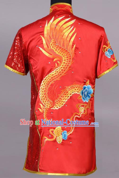 Top China Martial Arts Competition Clothing Kung Fu Embroidered Apparels Cudgel Play Performance Garment Costumes Southern Boxing Red Uniforms