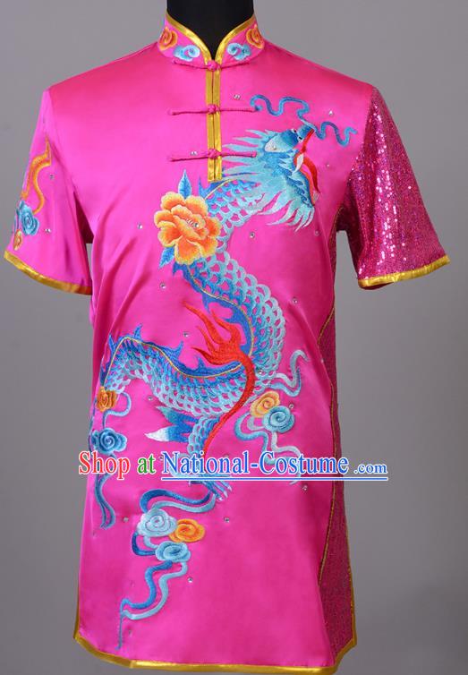 Top China Southern Boxing Performance Rosy Uniforms Martial Arts Competition Clothing Kung Fu Embroidered Apparels Cudgel Play Garment Costumes