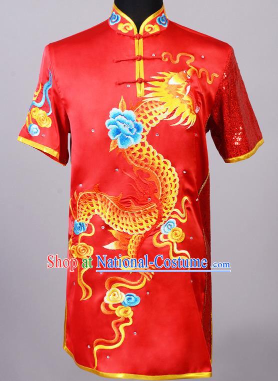 Top China Cudgel Play Garment Costumes Southern Boxing Performance Red Uniforms Martial Arts Competition Clothing Kung Fu Embroidered Apparels