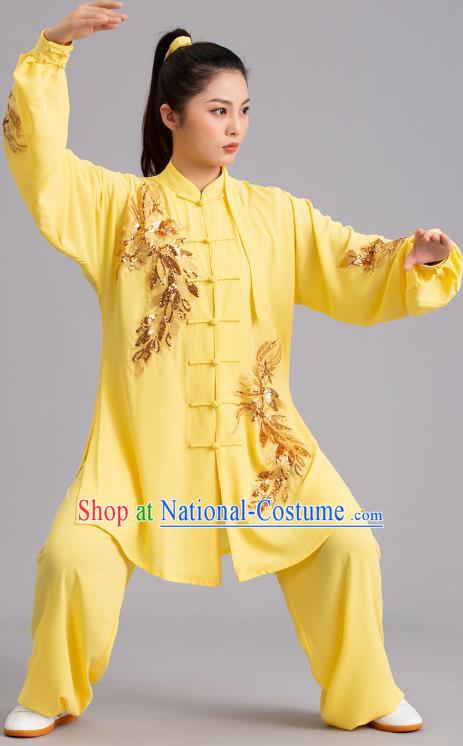 Chinese Tai Ji Competition Yellow Outfits Kung Fu Tai Chi Performance Clothing Martial Arts Embroidered Sequins Garments