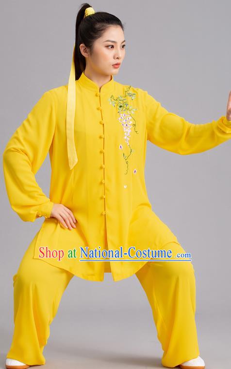 Chinese Kung Fu Tai Chi Performance Clothing Martial Arts Garments Tai Ji Competition Printing Wisteria Yellow Outfits