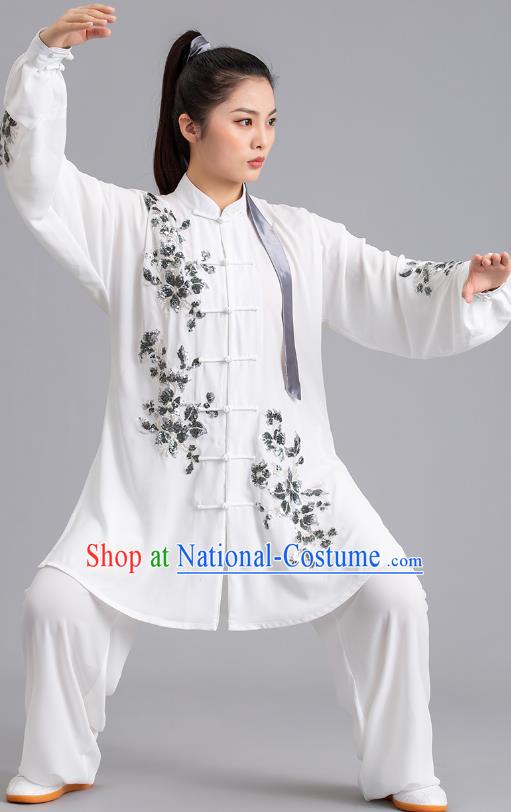 Chinese Tai Ji Competition Embroidered Sequins White Outfits Kung Fu Tai Chi Performance Clothing Martial Arts Garments