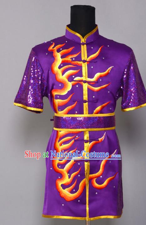 China Martial Arts Clothing Kung Fu Performance Apparels Cudgel Play Garment Costumes Southern Boxing Competition Purple Uniforms