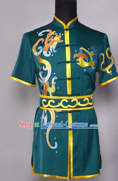 China Southern Boxing Competition Atrovirens Uniforms Martial Arts Clothing Kung Fu Performance Apparels Cudgel Play Garment Costumes