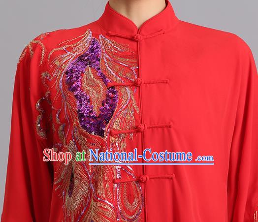 Chinese Kung Fu Tai Chi Performance Clothing Martial Arts Garments Tai Ji Competition Embroidered Sequins Phoenix Red Outfits