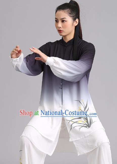 Chinese Tai Ji Competition Gradient Grey Outfits Kung Fu Tai Chi Performance Clothing Martial Arts Painting Orchids Garments