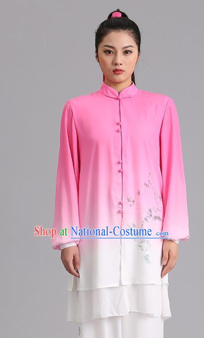 Chinese Martial Arts Painting Garments Tai Ji Competition Gradient Pink Outfits Kung Fu Tai Chi Performance Clothing