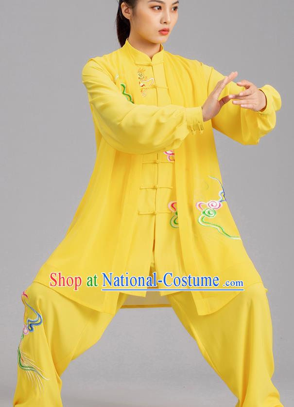 Chinese Tai Chi Performance Clothing Martial Arts Kung Fu Competition Garments Tai Ji Embroidered Clouds Yellow Outfits