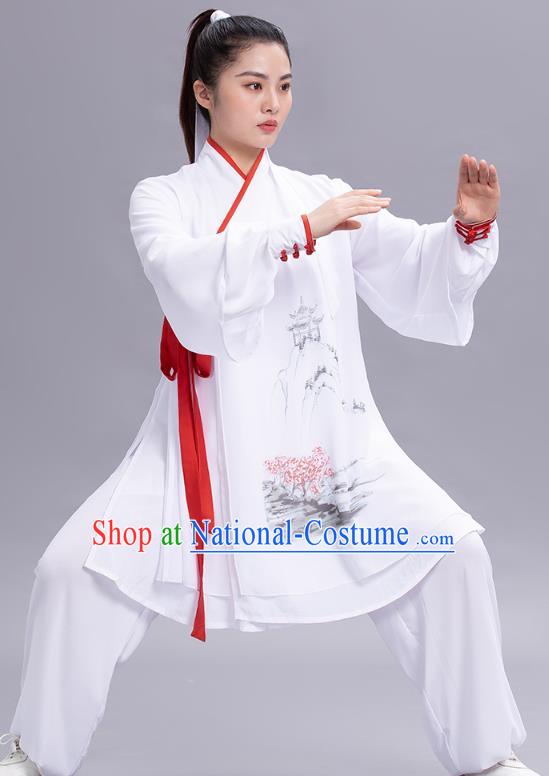 Chinese Tai Ji Chuan Ink Painting White Outfits Tai Chi Kung Fu Competition Clothing Martial Arts Performance Garments