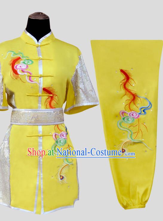 China Martial Arts Clothing Kung Fu Performance Embroidered Yellow Suits Southern Boxing Garment Costumes Wushu Competition Uniforms