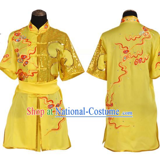 China Wushu Training Uniforms Martial Arts Clothing Kung Fu Embroidered Cloud Yellow Suits Southern Boxing Garment Costumes