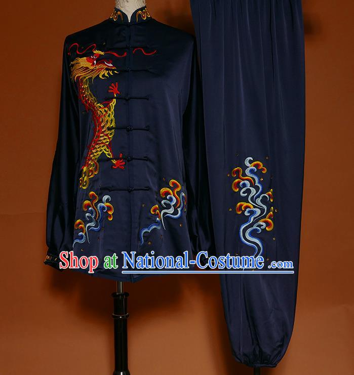 China Kung Fu Tai Ji Suits Tai Chi Competition Navy Uniforms Martial Arts Embroidered Dragon Garment Costumes