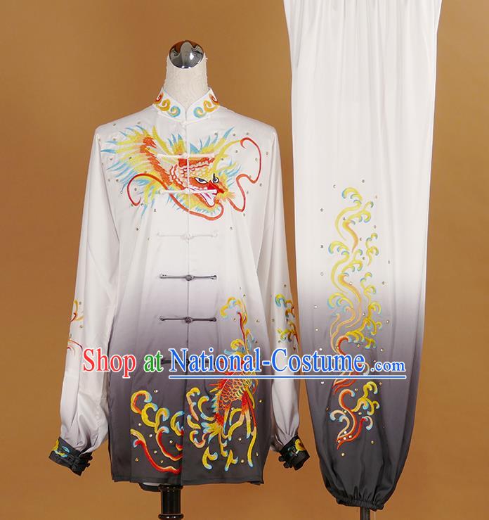 China Kung Fu Tai Ji Gradient Grey Suits Tai Chi Competition Embroidered Dragon Uniforms Martial Arts Garment Costumes