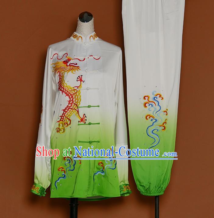 China Martial Arts Garment Costumes Kung Fu Tai Ji Gradient Green Suits Tai Chi Competition Embroidered Dragon Uniforms