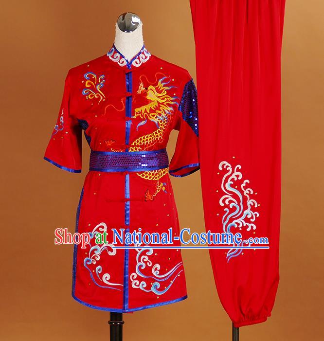 China Kung Fu Tai Ji Performance Red Suits Changquan Boxing Competition Embroidered Dragon Uniforms Martial Arts Garment Costumes