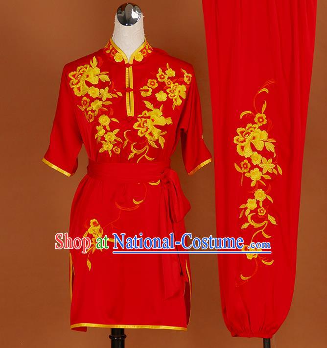 Chinese Martial Arts Short Sleeve Outfits Wushu Competition Garment Costume Kung Fu Tai Chi Performance Red Suits