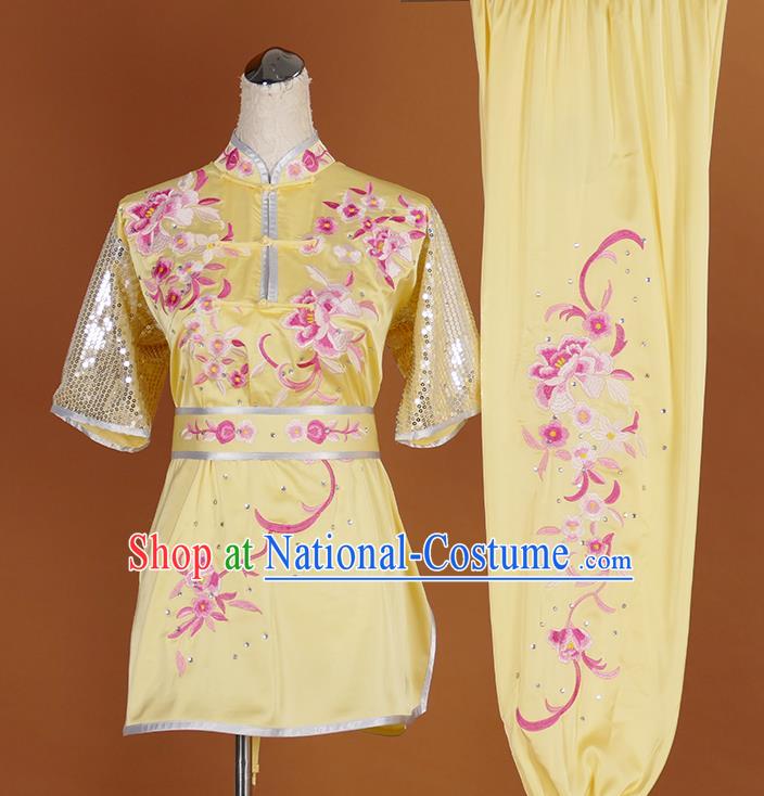 Chinese Kung Fu Tai Chi Performance Yellow Suits Martial Arts Short Sleeve Outfits Wushu Competition Garment Costume