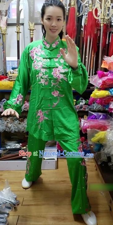 Chinese Wushu Competition Embroidered Flowers Clothing Kung Fu Tai Chi Performance Green Suits Martial Arts Long Sleeve Outfits