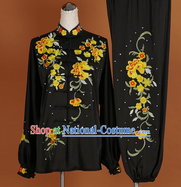 Chinese Martial Arts Long Sleeve Outfits Wushu Competition Embroidered Flowers Clothing Kung Fu Tai Chi Performance Black Suits