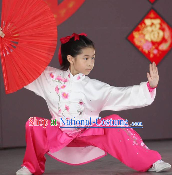 Chinese Children Martial Arts Costumes Tai Chi Performance Clothing Girl Kung Fu Embroidered Plum Rosy Uniforms