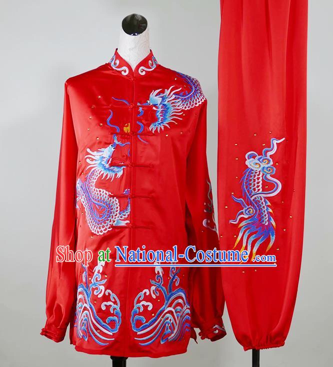 China Changquan Boxing Competition Embroidered Dragon Uniforms Martial Arts Garment Costumes Kung Fu Tai Ji Performance Red Suits